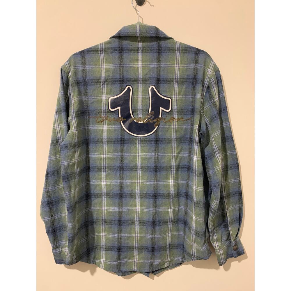 True Religion Long Sleeve Button Down Shirt Graphic Large Letter Medium Plaid